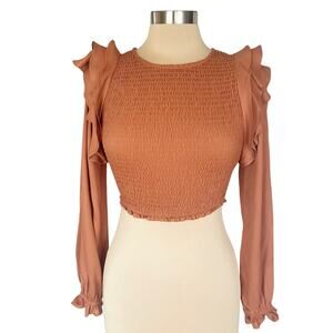 J. roberts Caramel Smocked Crop Top Long Sleeves Ruffled Shoulder SMALL Feminine
